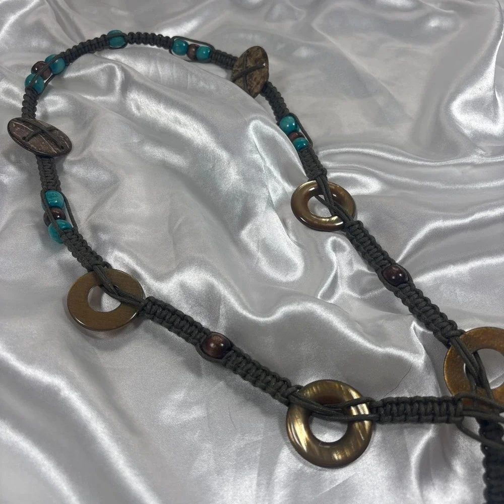 y2k boho Macrame Belt Grey Turquoise Wood Bead Coconut Shell Tassel